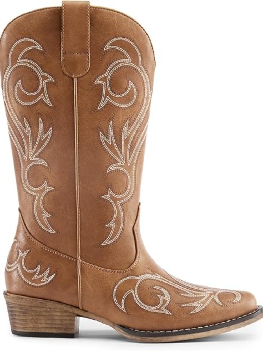 Women's Tan Faux Leather Cowgirl Boots Square Toe Chunky Heel Stitched Boots - Picture 3 of 4